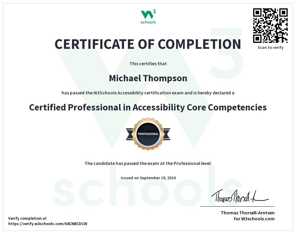 Certificate of Completion. W3Schools Accessibility certification exam.