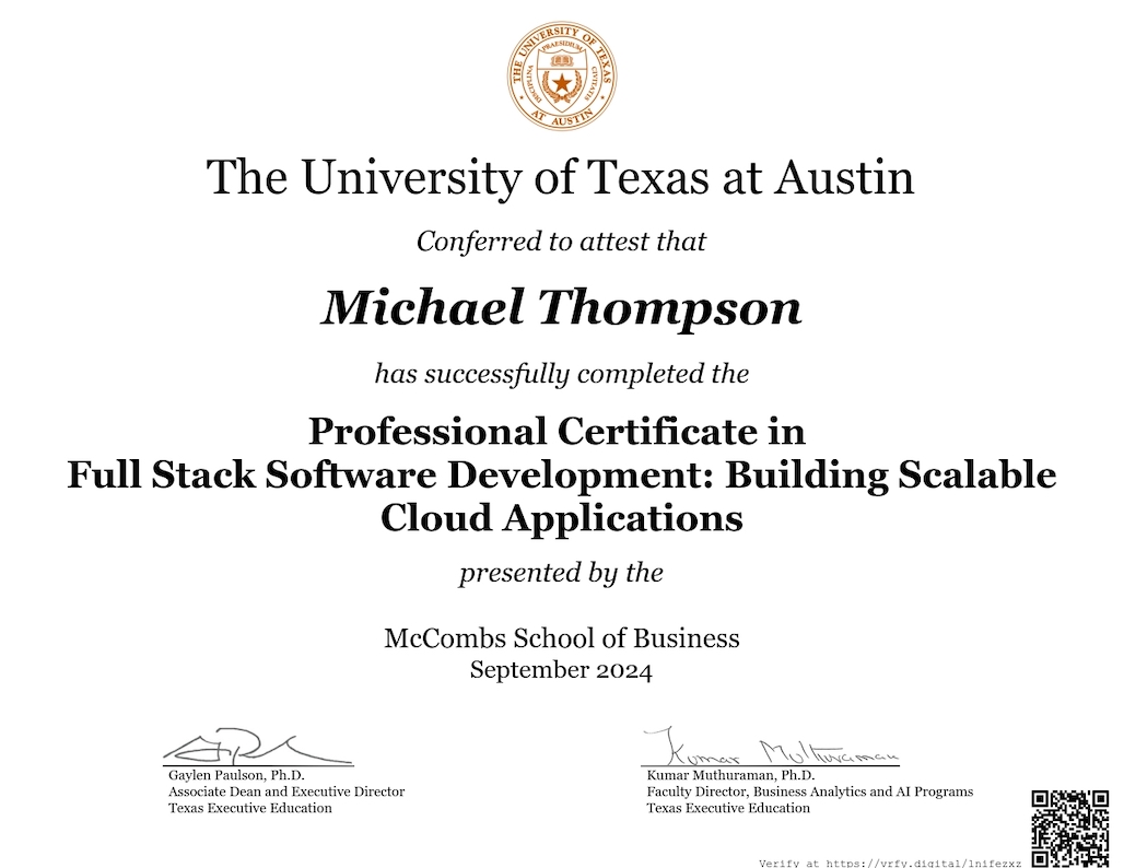 Certificate of Completion. Professional Certificate in Full Stack Software Development